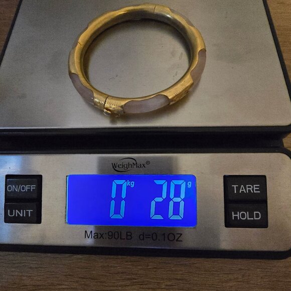 Vintage Jadeite & 10KT Gold-Plated Hinged Bangle Bracelet - Statement Piece - Picture 7 of 7